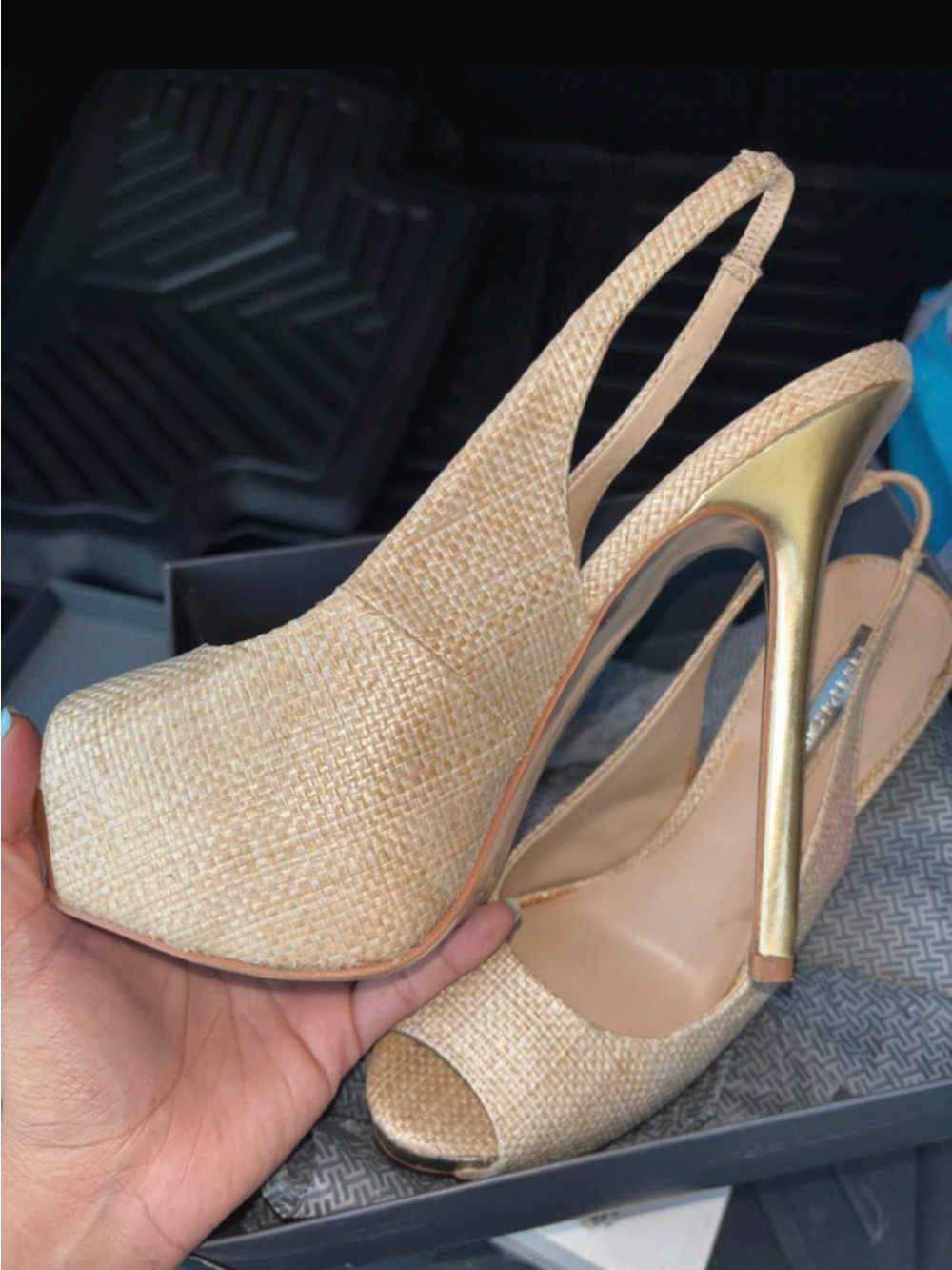Peep-Toe Slingback Platform Heels in Natural Straw size 8